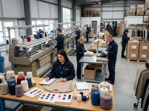 Factory sweaters production line showing yarn, sample review, knitting machines, quality inspection, and packed cartons in one realistic knitwear manufacturing scene.