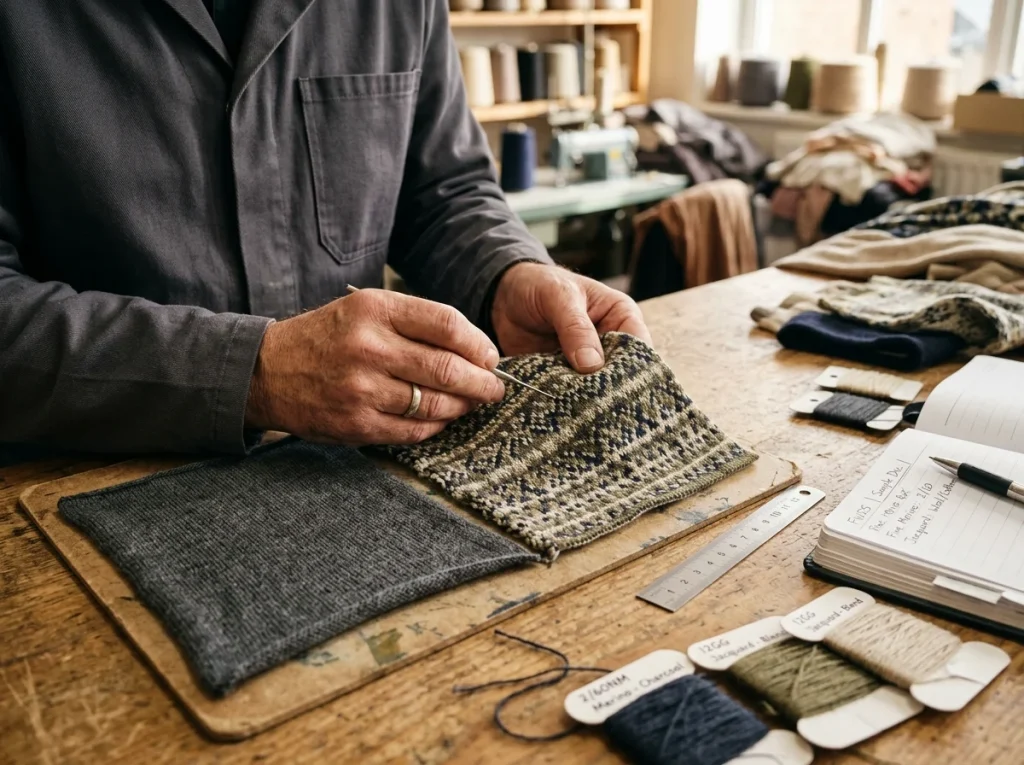 Fine-gauge merino and jacquard knit swatches being reviewed by a technician on a knitwear sample development table
