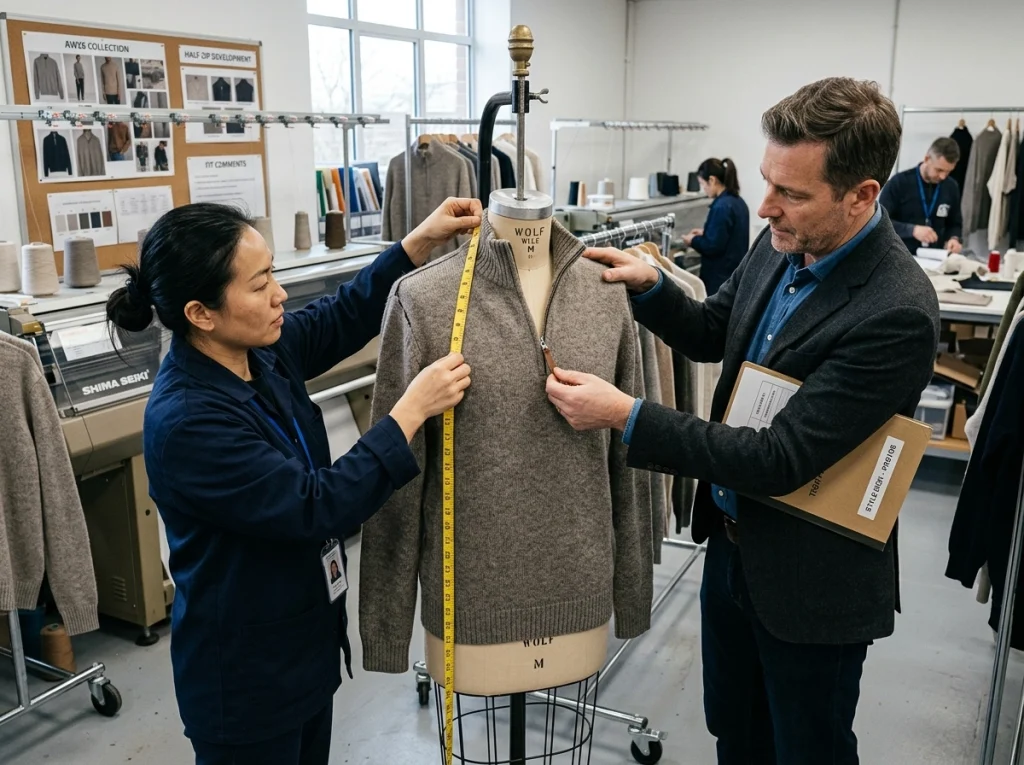 Technician measuring collar height and zipper length on a men's half zip jumper sample in a knitwear sample room.