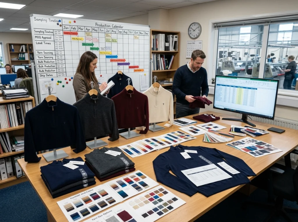 Factory planner reviewing half zip jumper samples, size sets, and production schedules for a wholesale knitwear order.