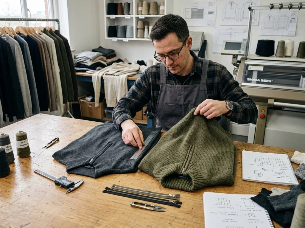 Knit technician reviewing fine-gauge and mid-gauge half zip sweater samples with zipper and collar construction details.