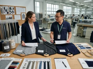 Buyer and factory merchandiser reviewing three men's half zip sweater samples with yarn swatches and zipper options on a sourcing table.