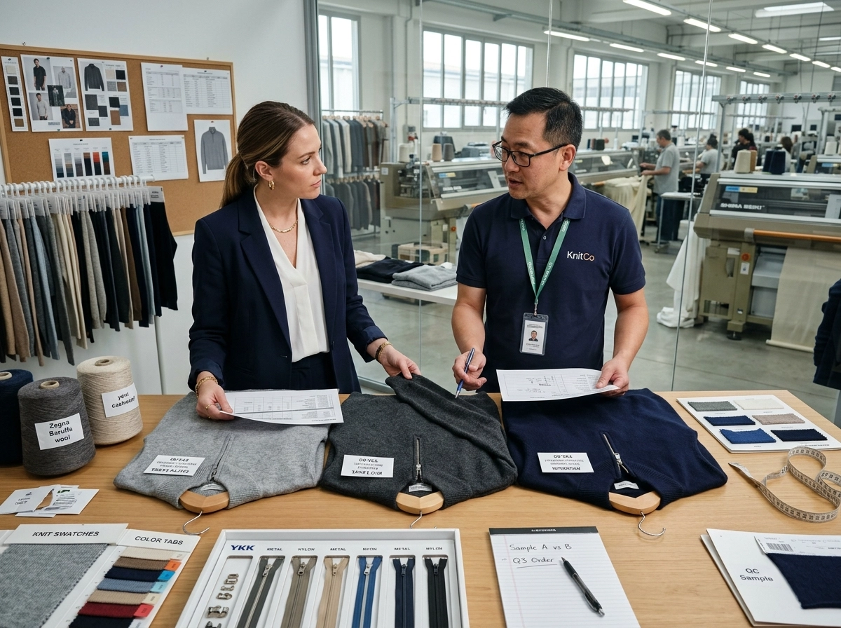 Buyer and factory merchandiser reviewing three men's half zip sweater samples with yarn swatches and zipper options on a sourcing table.