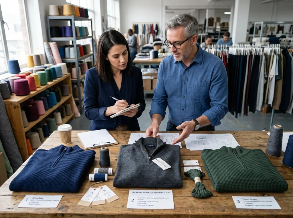 Buyer and sourcing manager comparing three men's half zip sweaters with spec sheets and yarn swatches in a sample room.