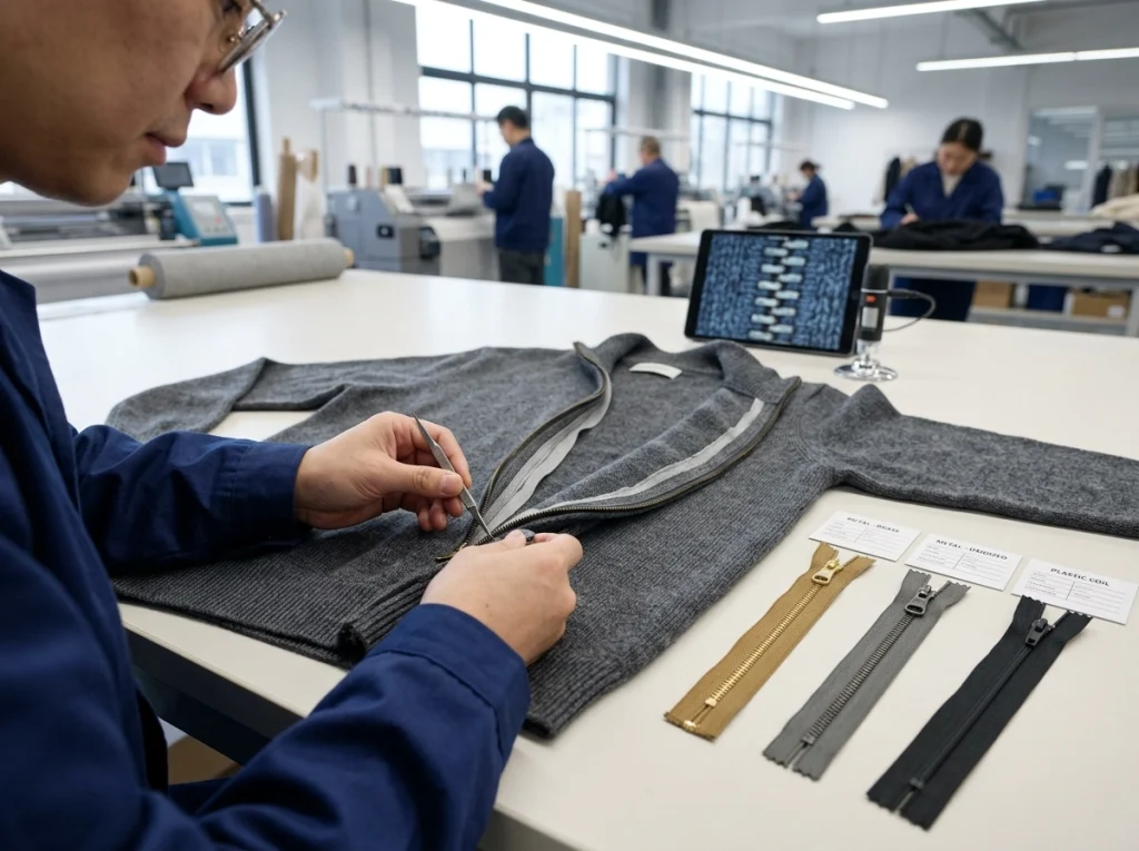Close-up of a half zip sweater sample with metal, resin, and nylon zipper options during factory construction review.