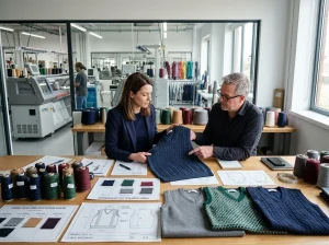 Buyer and knitwear product developer review premium sweater vest samples, yarn swatches, and sourcing materials in a factory sample room.
