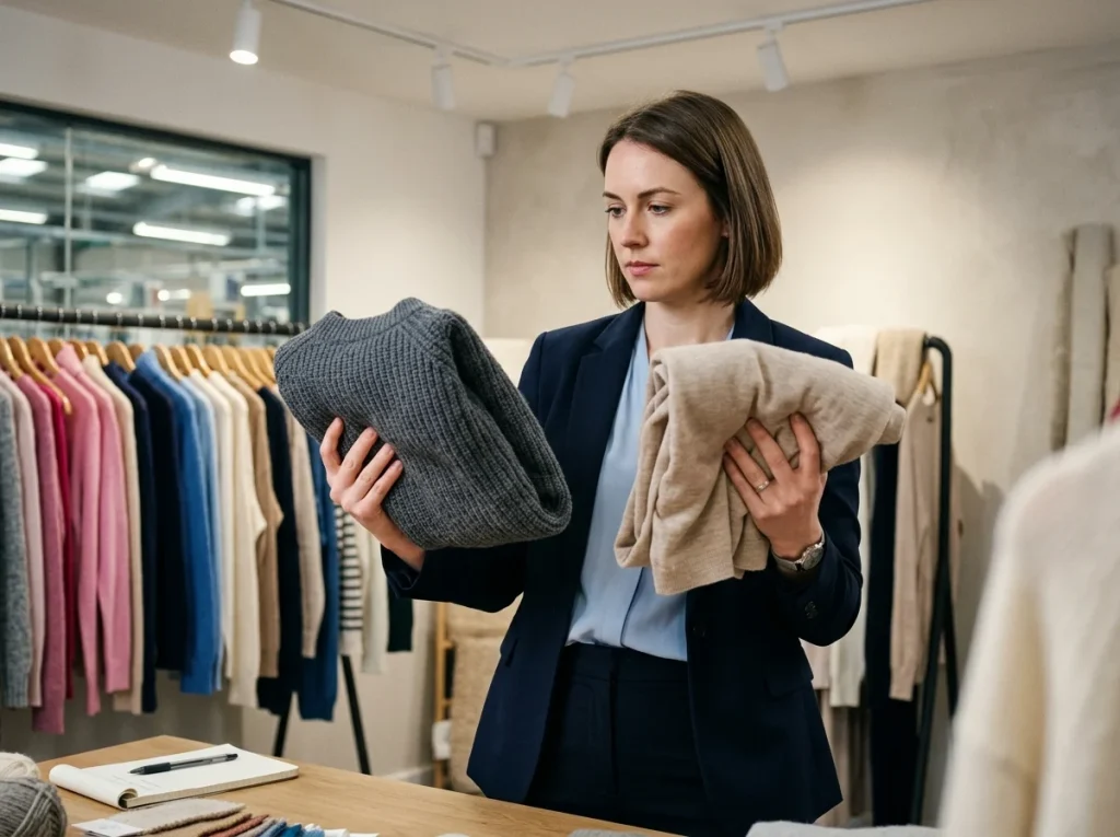 Product development manager comparing a mid-weight and a fine-gauge sweater sample side by side in a knitwear factory showroom