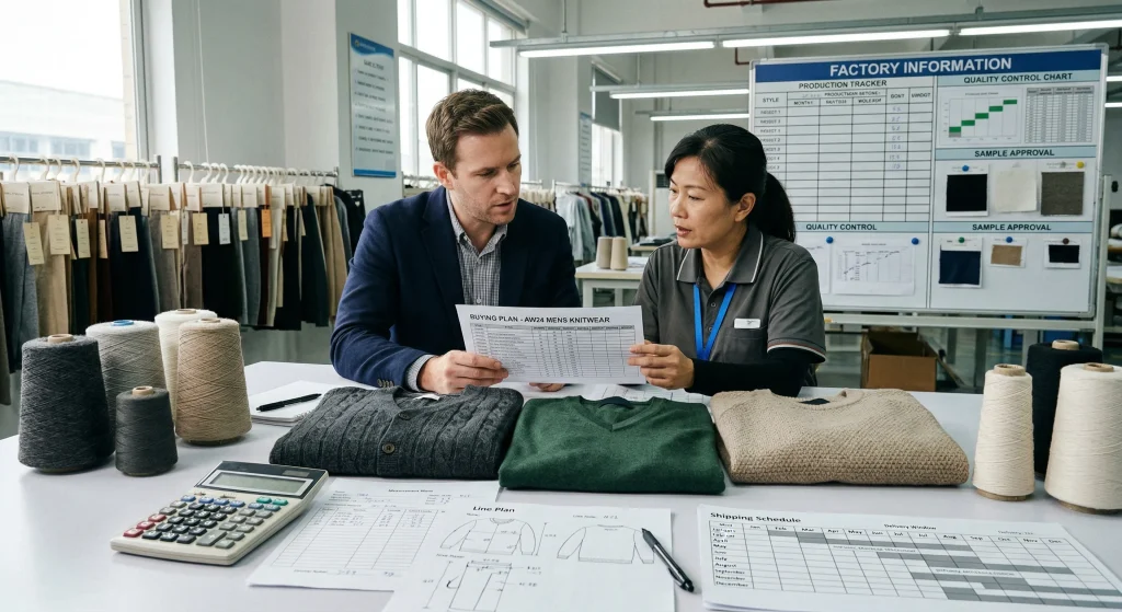 Buyer and factory merchandiser planning a knitwear order with sweater samples, yarn cones, color cards, measurement sheets, and shipping notes.