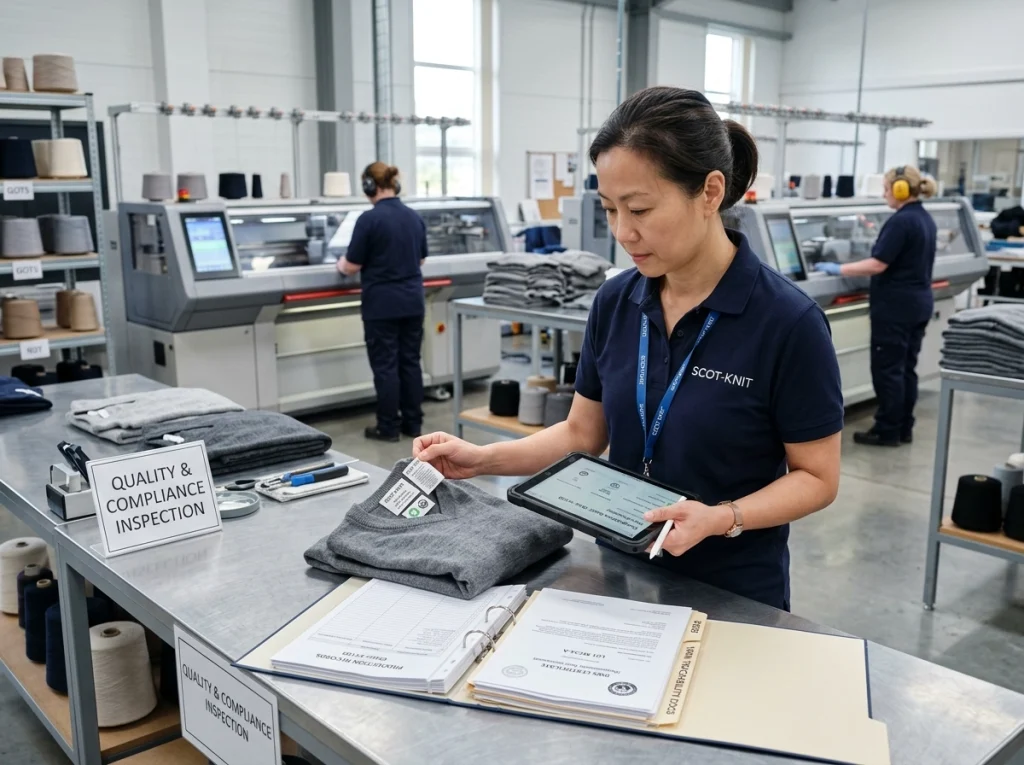 Compliance manager inspecting sweater labels, traceability records, and finished knitwear during a factory quality and documentation review.