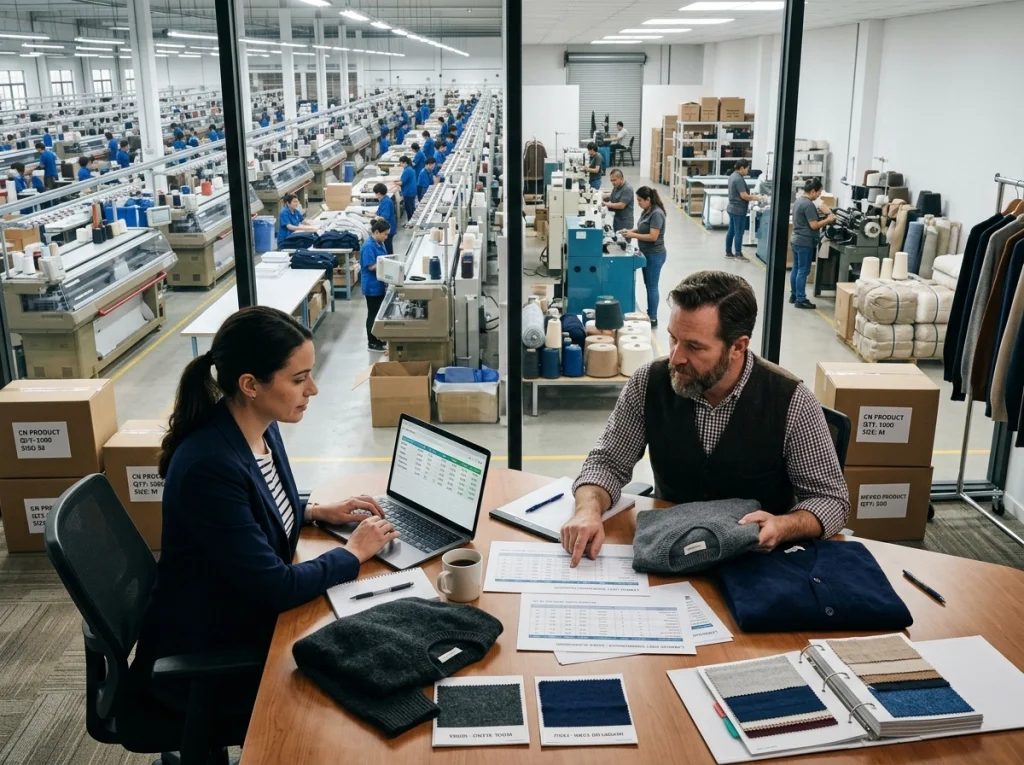 Knitwear sourcing team reviewing landed cost calculations, sweater samples, yarn swatches, and factory planning materials for China and nearshore production.