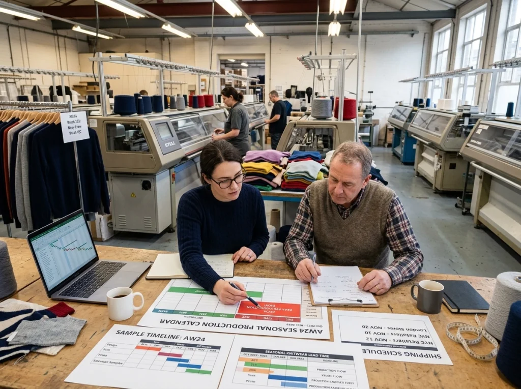 Sourcing manager and factory planner reviewing production calendar and shipment schedule near active knitwear lines