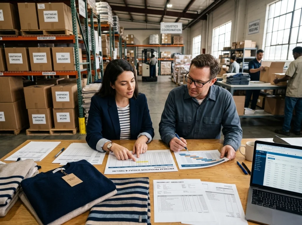 Knitwear merchandiser and factory planner reviewing delivery schedules, sweater samples, and shipping documents near packed cartons in a warehouse.