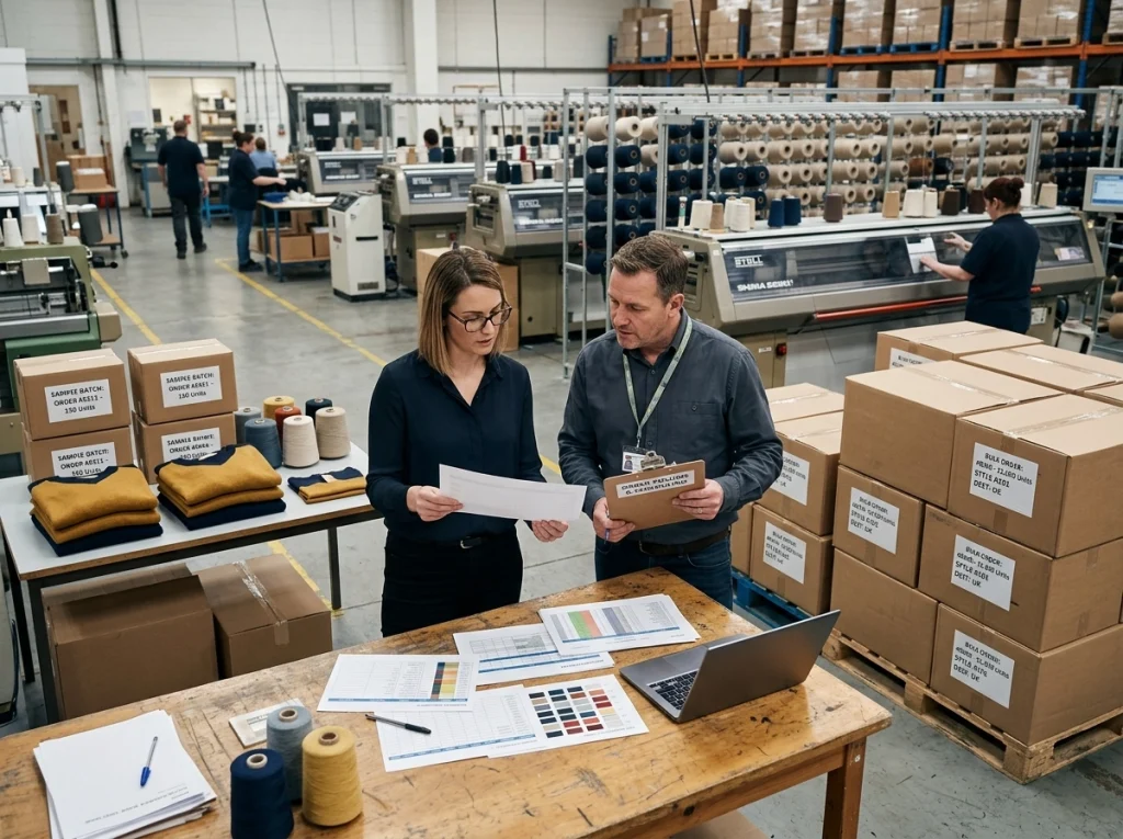 Production planner reviewing knitwear order volumes beside small sample batches and large packed sweater orders