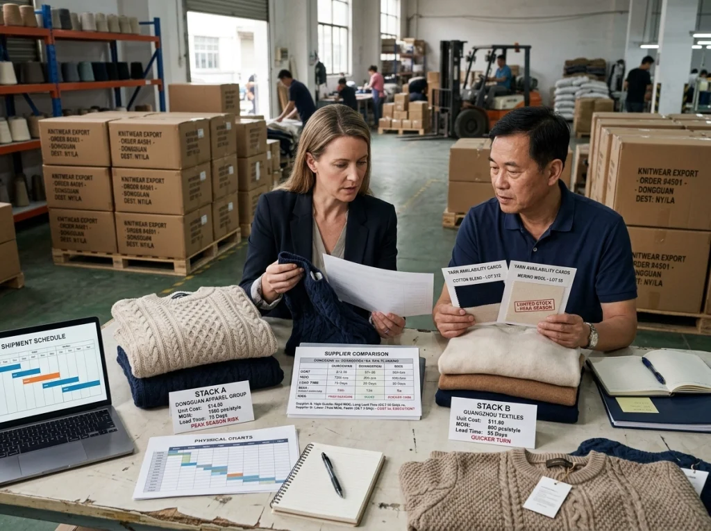 Buyer and merchandiser comparing knitwear samples, yarn cards, and shipment schedules beside bulk cartons in a warehouse-style production area.