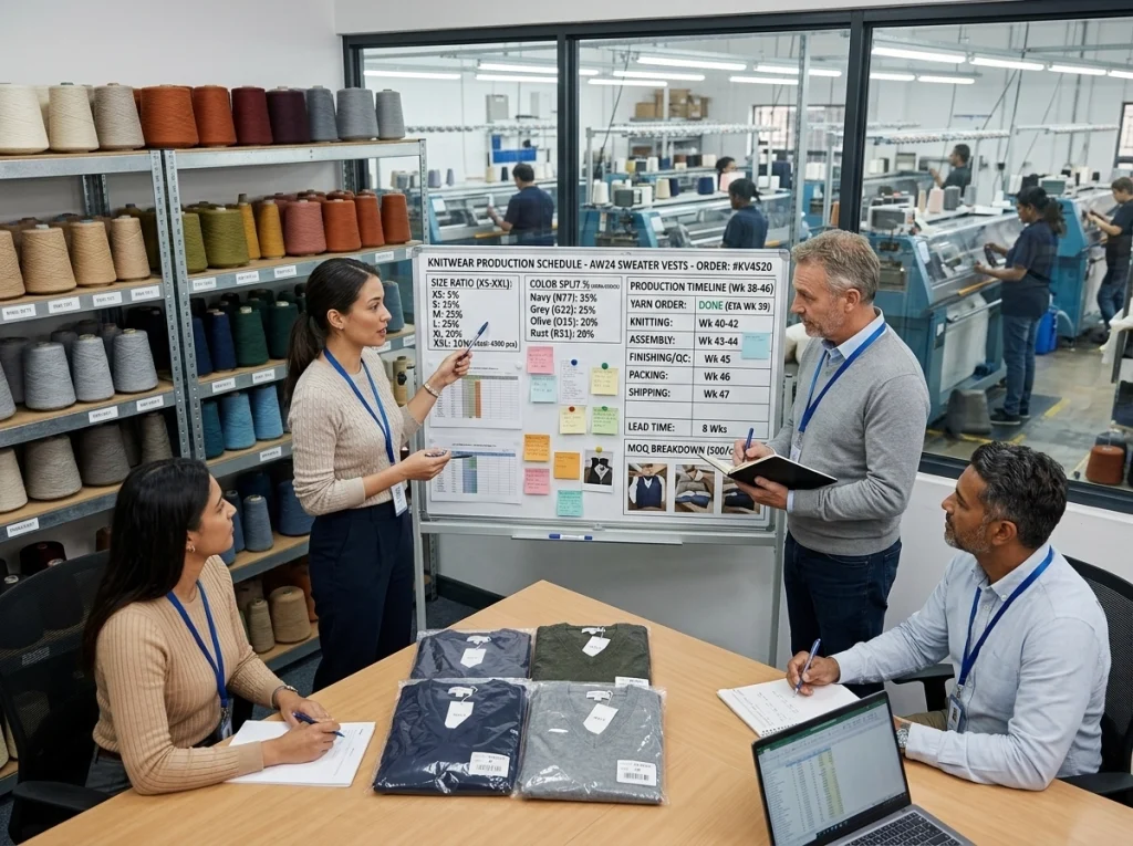 Factory planners review sweater vest order splits, color ratios, production schedules, and yarn inventory for MOQ and lead time planning.