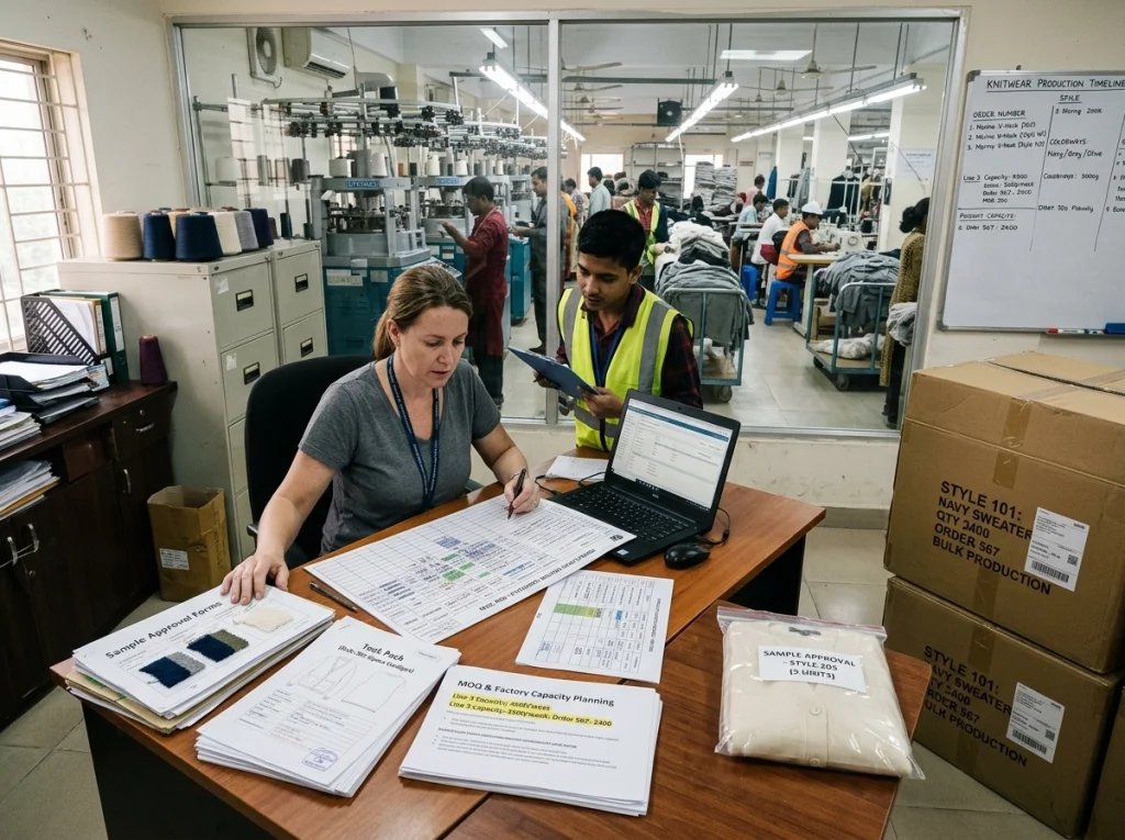 Production manager reviewing sweater order quantities, sample approvals, and bulk production plans beside packed knitwear and active factory lines