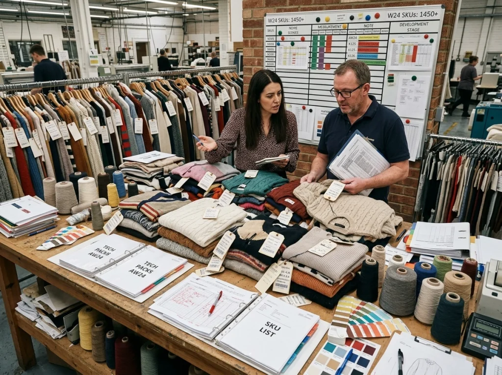 Crowded knitwear sample room with too many sweater prototypes, yarn cones, tech packs, and factory staff reviewing development complexity.