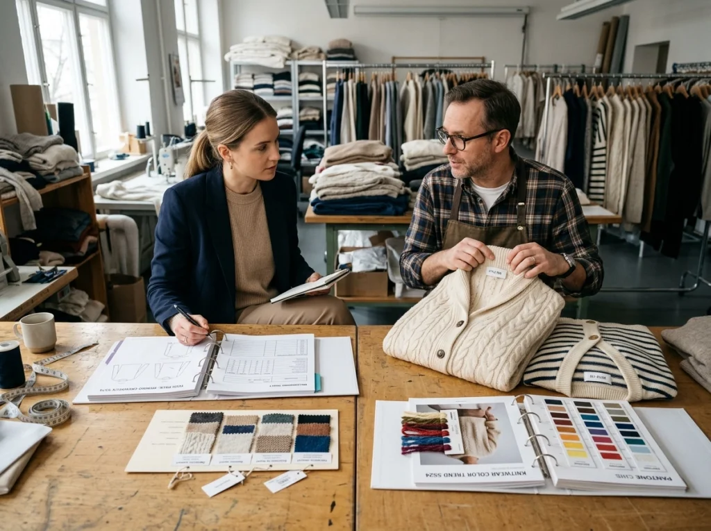 A buyer and knitwear product developer compare OEM tech packs and ODM ready-made sweater samples in a sample room.