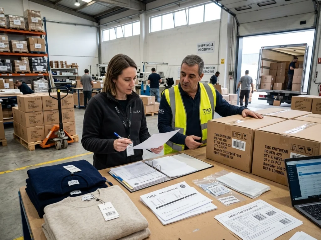 A buyer and factory account manager review repeat order garments, carton labels, and shipping documents in a warehouse area.