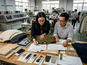 Private label buyer and knitwear factory team comparing sweater samples, yarn swatches, and sourcing documents in a factory meeting area.