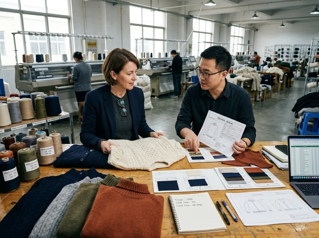 A buyer and factory merchandiser review sweater samples, yarn swatches, and tech packs in a knitwear factory.