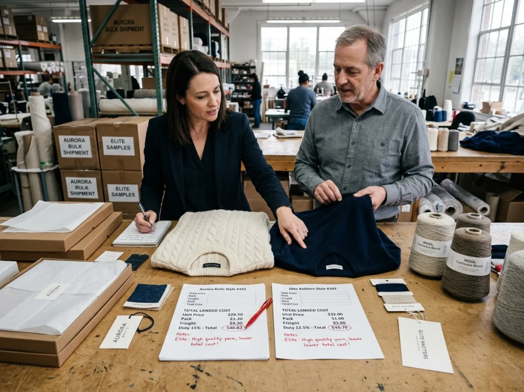Buyer reviewing sweater samples, packaging materials, cartons, and supplier documents to compare total sourcing cost beyond unit price.