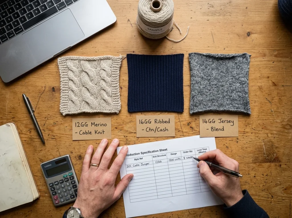 Procurement manager reviewing gauge-labeled knit fabric swatches alongside a production specification sheet at a sourcing planning desk
