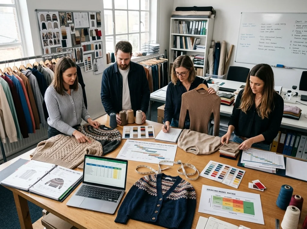 Sourcing team sorting sweaters, cardigans, and knit dresses while reviewing tech packs, MOQ plans, and delivery timelines.