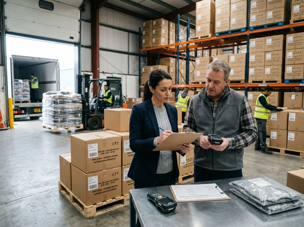 Warehouse supervisor and sourcing manager reviewing repeat order documents beside packed sweater cartons and shipping pallets.