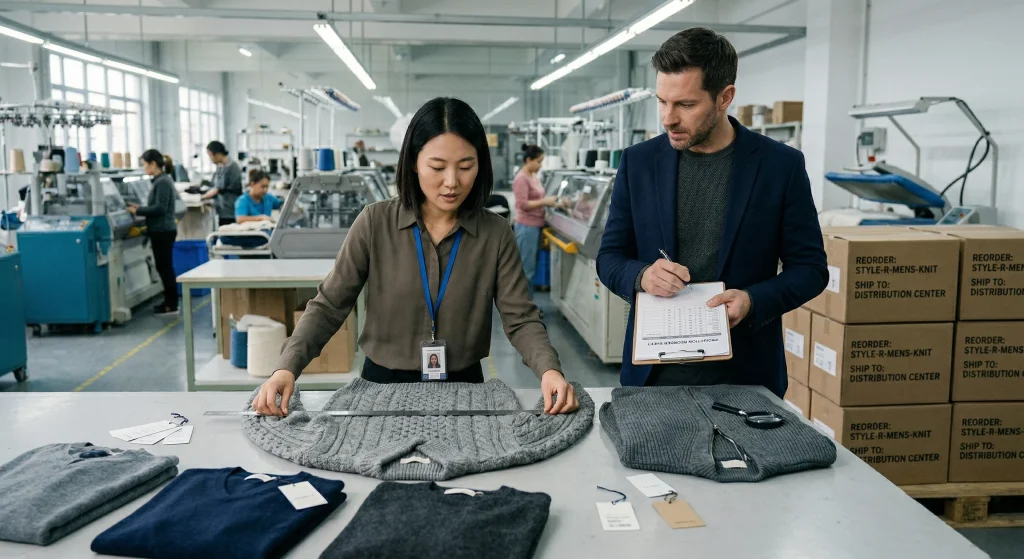 Quality control staff measuring mens knitwear, checking seams and zipper alignment, with reorder cartons and production records nearby.