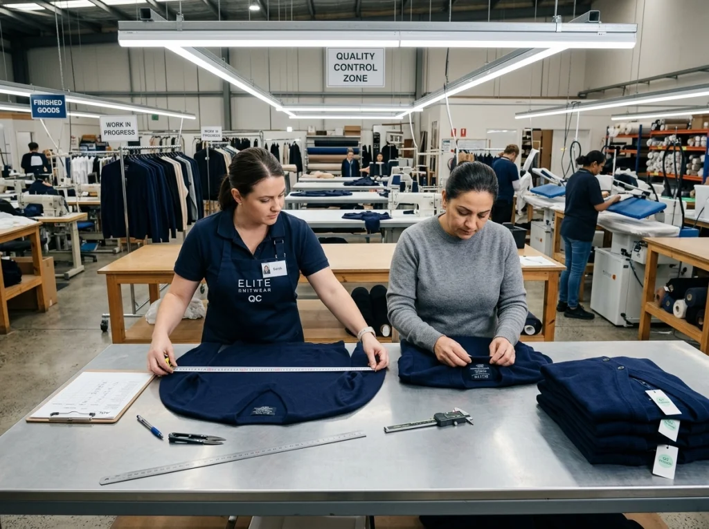 Quality inspectors measuring sweaters, checking labels, and reviewing inspection documents in a knitwear factory