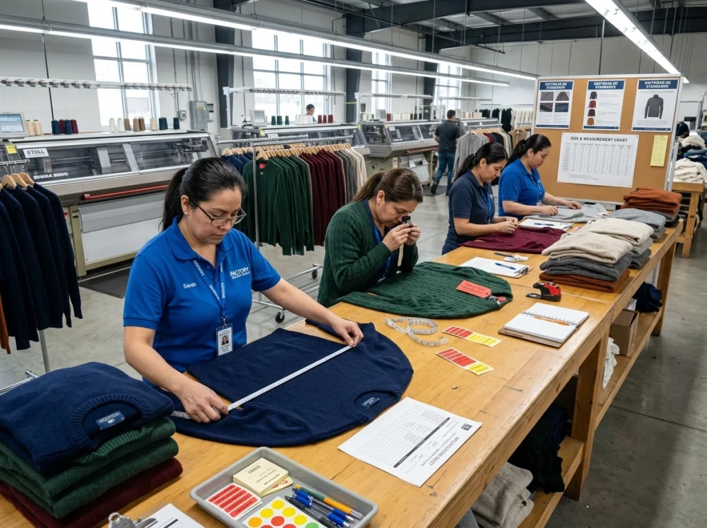 QC inspectors measuring sweaters, checking seams, and reviewing finished knitwear across multiple colorways on an inspection table.
