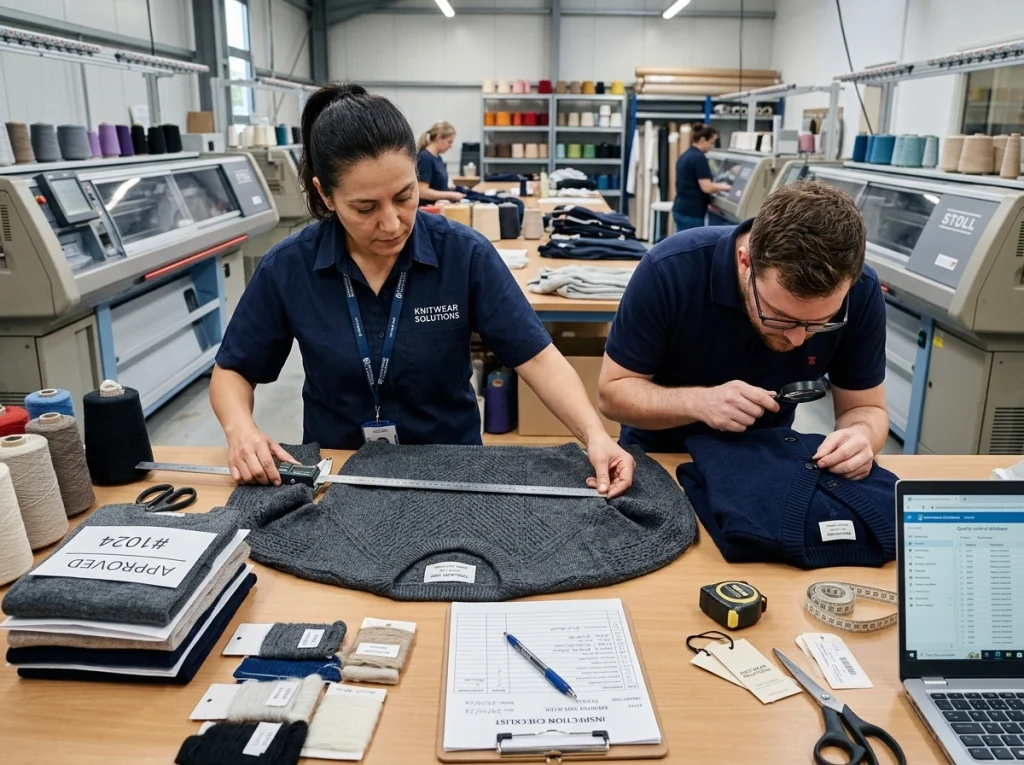 Factory technician measuring a knitted sweater during quality control inspection with sample garments, tools, and inspection documents on the table.