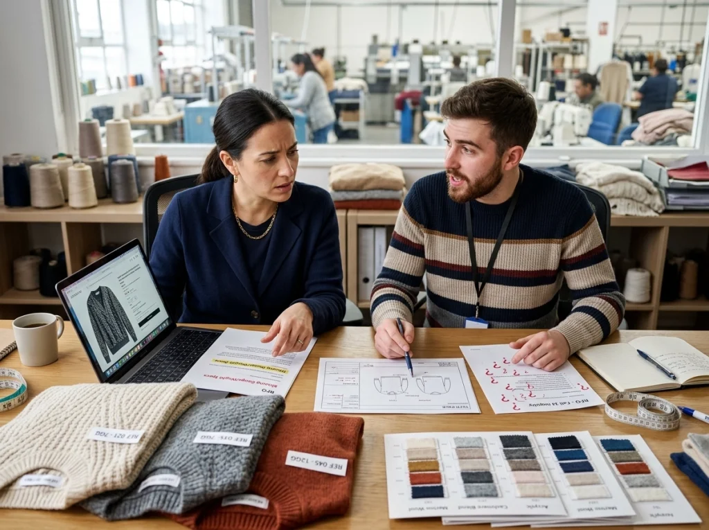 Buyer and sourcing coordinator comparing incomplete inquiry notes with knitwear tech packs and sample references