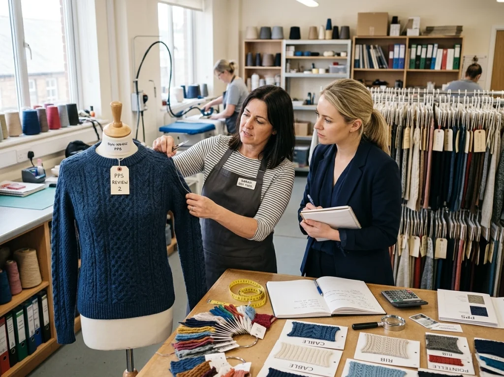 Technician and buyer reviewing sweater prototypes, yarn swatches, and fit details in a knitwear sample room