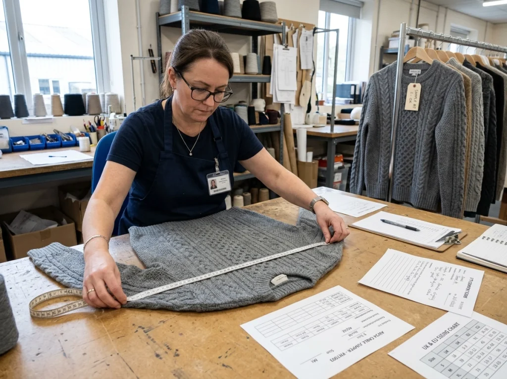 Factory technician measuring a knitted jumper on a flat table with size charts, graded specs, and fit notes for UK and EU market review.