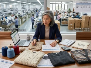 Apparel sourcing manager reviewing sweater samples, yarn swatches, and planning documents while comparing a China sweater factory with a nearshore knitwear supplier.