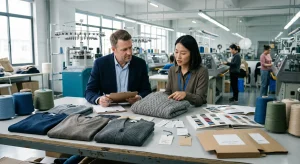 Buyer and knitwear factory merchandiser reviewing wholesale mens knitwear samples, yarn swatches, labels, and packaging for private label sourcing.