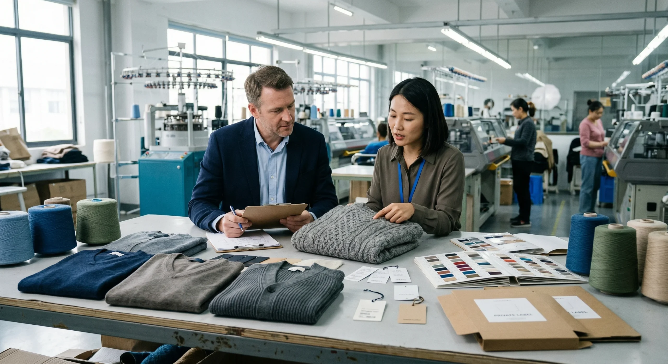 Buyer and knitwear factory merchandiser reviewing wholesale mens knitwear samples, yarn swatches, labels, and packaging for private label sourcing.
