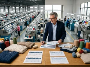 Senior apparel sourcing manager comparing China sweater factory production with nearshore knitwear manufacturing using samples, yarns, cost sheets, and shipping plans.
