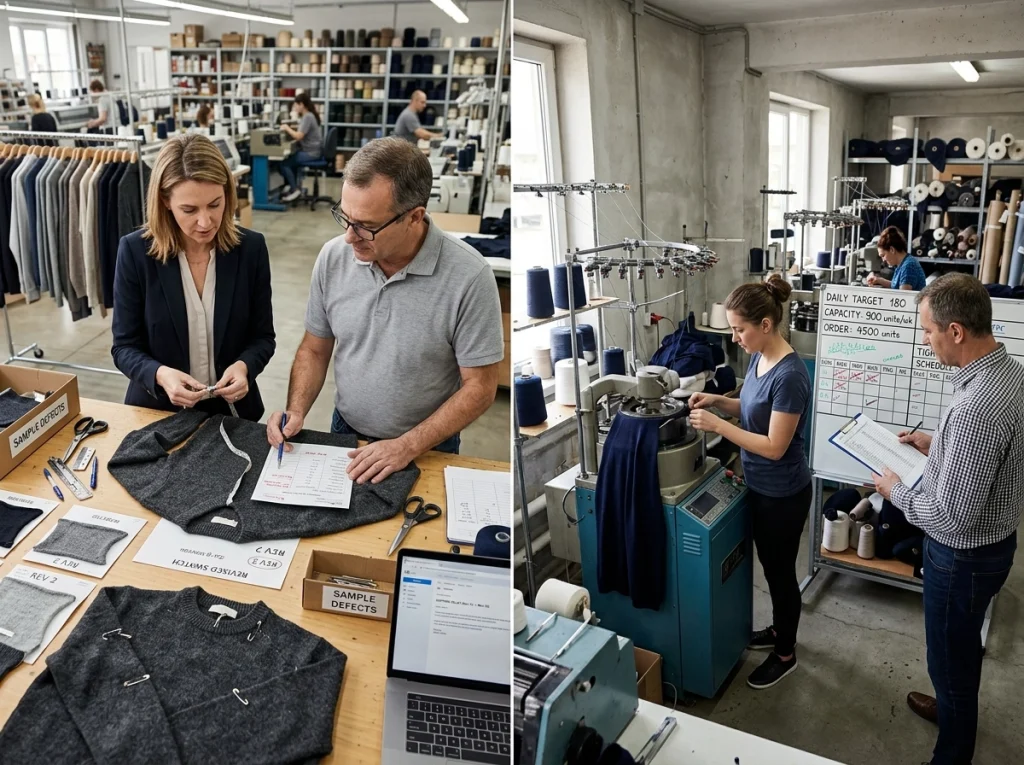 Split-scene comparison of sourcing risks, with a buyer resolving sample issues on one side and a nearshore factory facing limited capacity and higher-cost planning on the other.