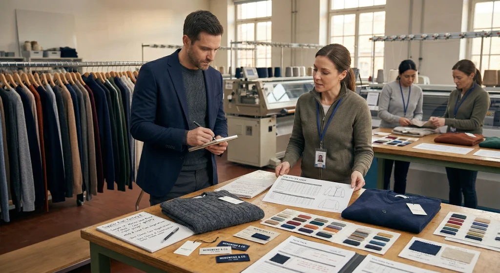 Sourcing manager evaluating mens sweater samples, yarn swatches, gauge references, and production notes before choosing a knitwear supplier.