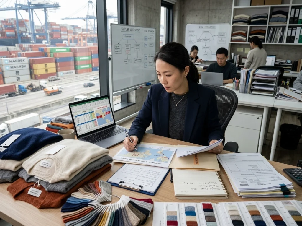 Procurement manager reviewing knitwear samples, shipping documents, and sourcing plans against a backdrop of logistics disruption and freight uncertainty.