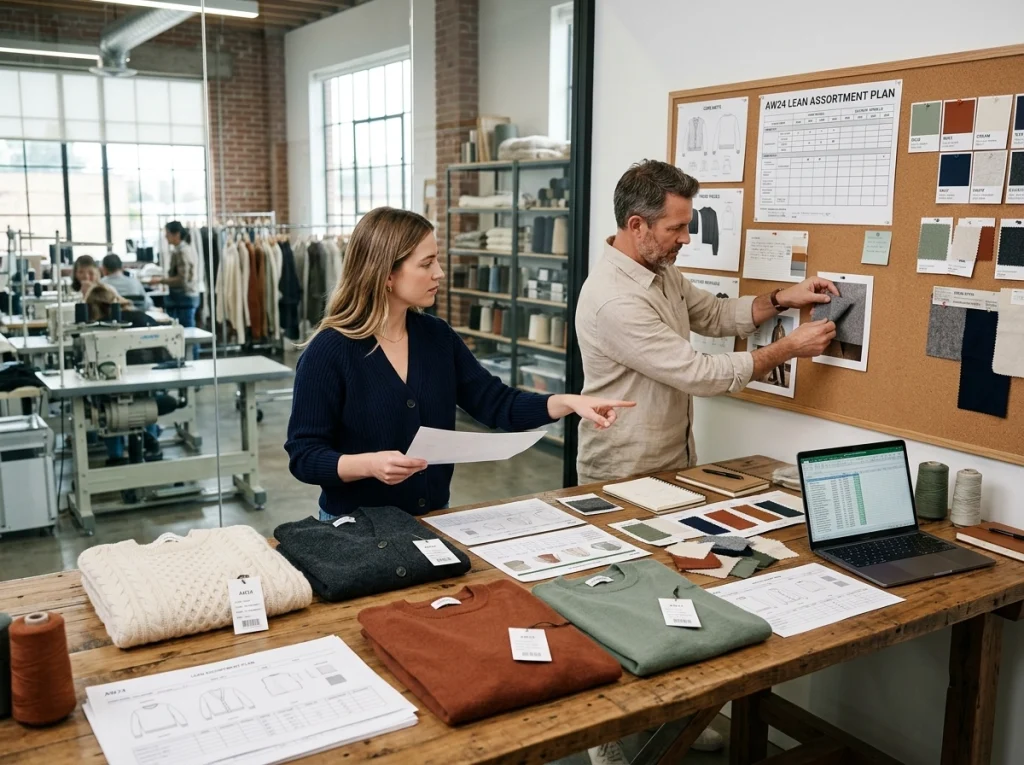 Merchandiser and sourcing manager planning a lean wholesale knitwear collection with selected styles, swatches, and assortment notes.
