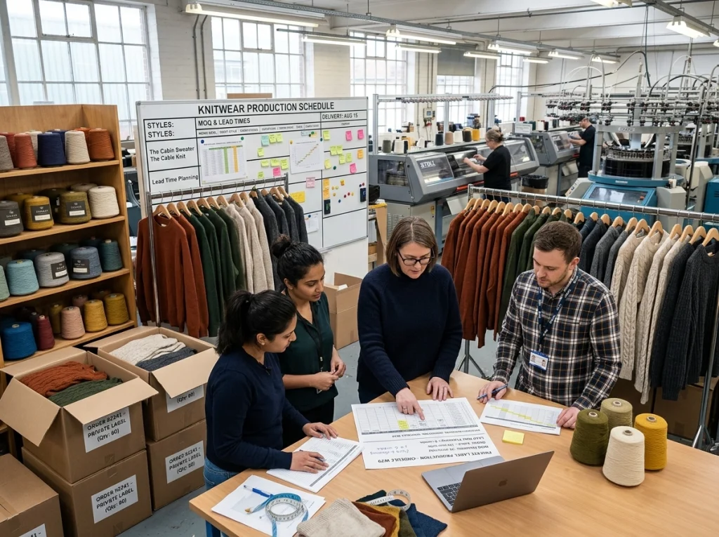 Factory staff reviewing order quantities, yarn allocation, and knitwear production schedules beside sweaters and knitting machines.