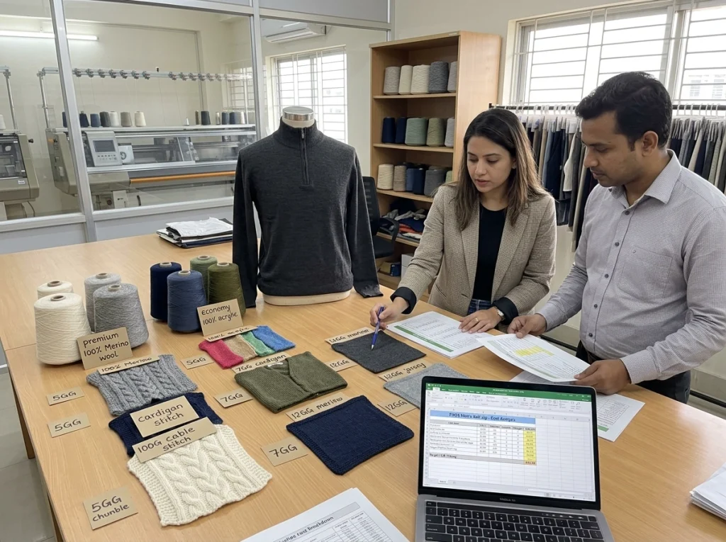 Merino, wool blend, and acrylic yarns with knit swatches in different gauges on a table for half zip jumper development.