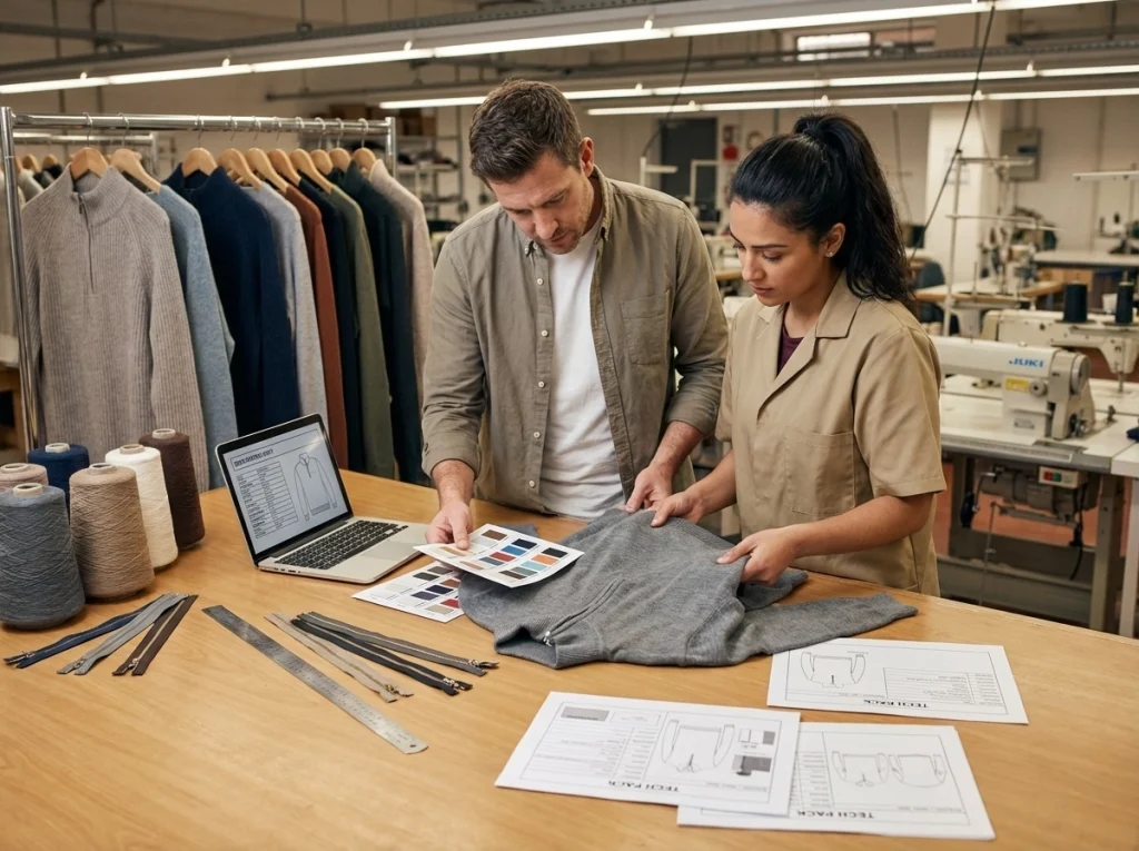 Buyer and factory technician checking yarn swatches, measurements, zipper trims, and sample specs before approval.