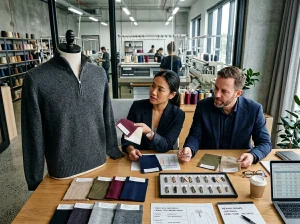 Buyer and factory team reviewing a men's half zip jumper sample, fabric swatches, and zipper options in a knitwear sourcing meeting.