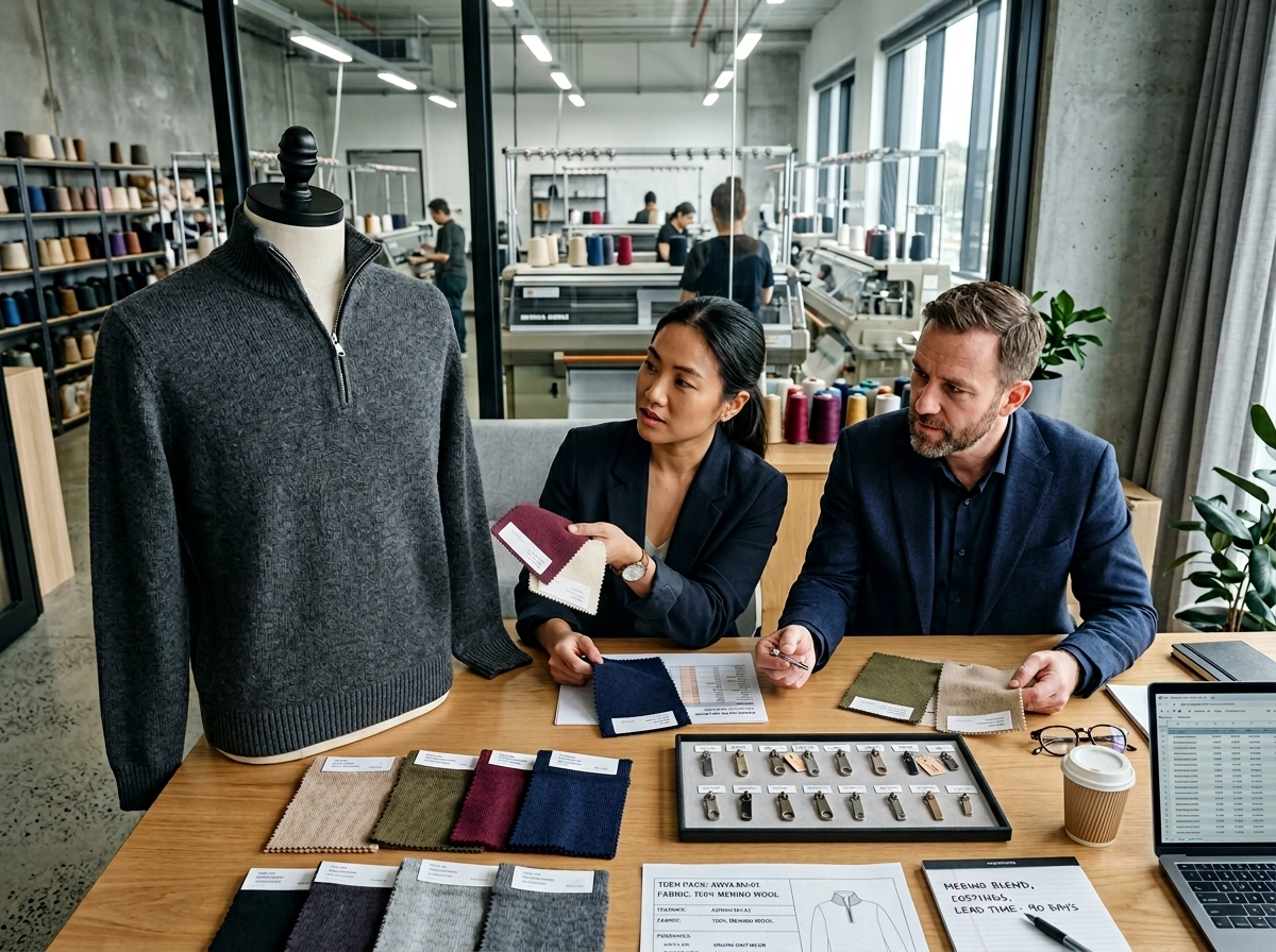 Buyer and factory team reviewing a men's half zip jumper sample, fabric swatches, and zipper options in a knitwear sourcing meeting.
