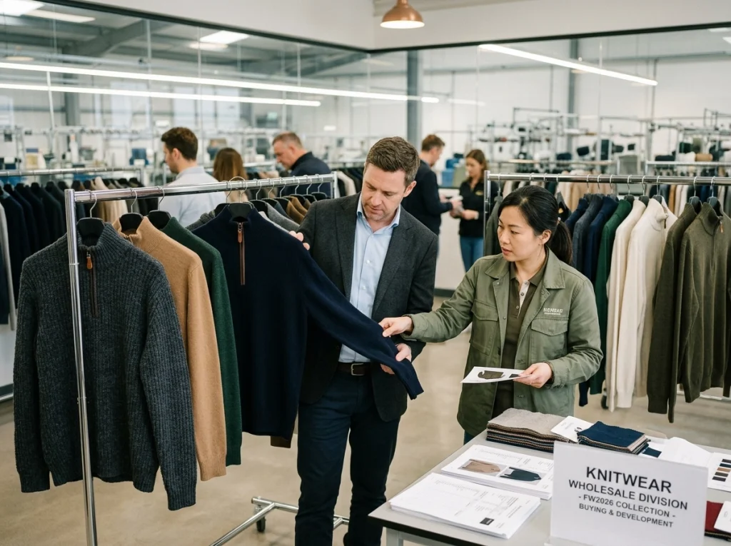 Mens half zip jumper styles displayed in a knitwear showroom while buyers compare colors, fits, and wholesale options.